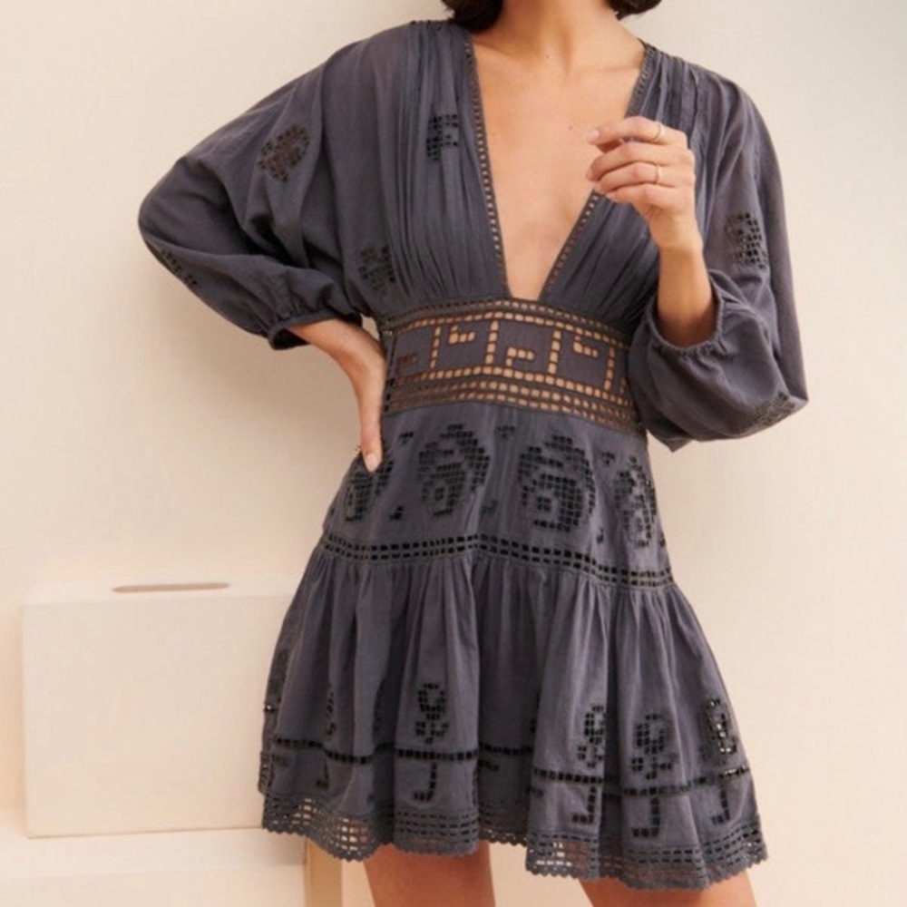 Free People Slate Blue Crochet-Trim Mini Dress